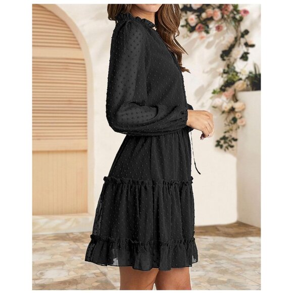 ✌️ 2/$40 ✌New Long Sleeve High Waist Black Dot Swing Dress with Ruffles sz Large - Picture 8 of 8